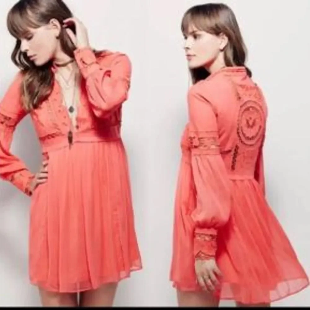 Free People Oceanside Crochet Coral Long-Sleeve Lace-Back Dress